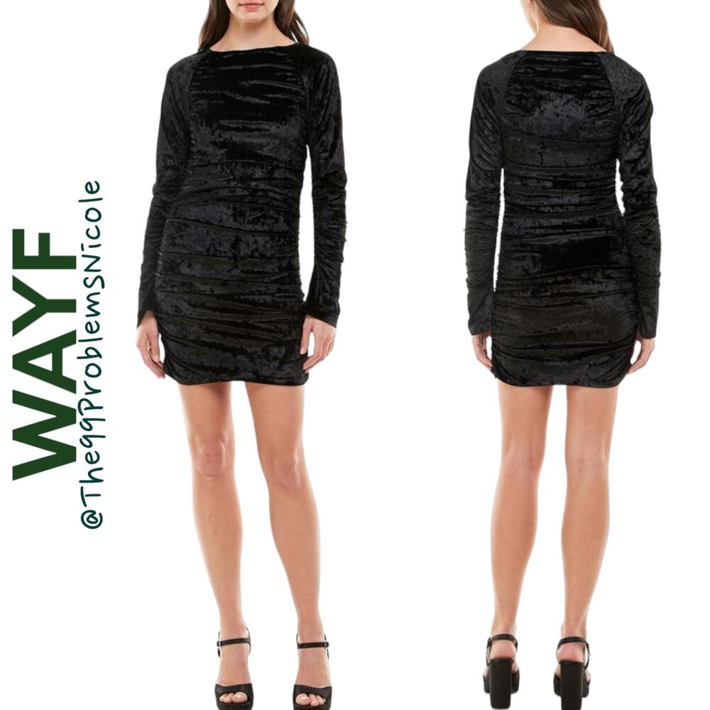 WAYF Clique Ruched Long Sleeve Velvet Minidress